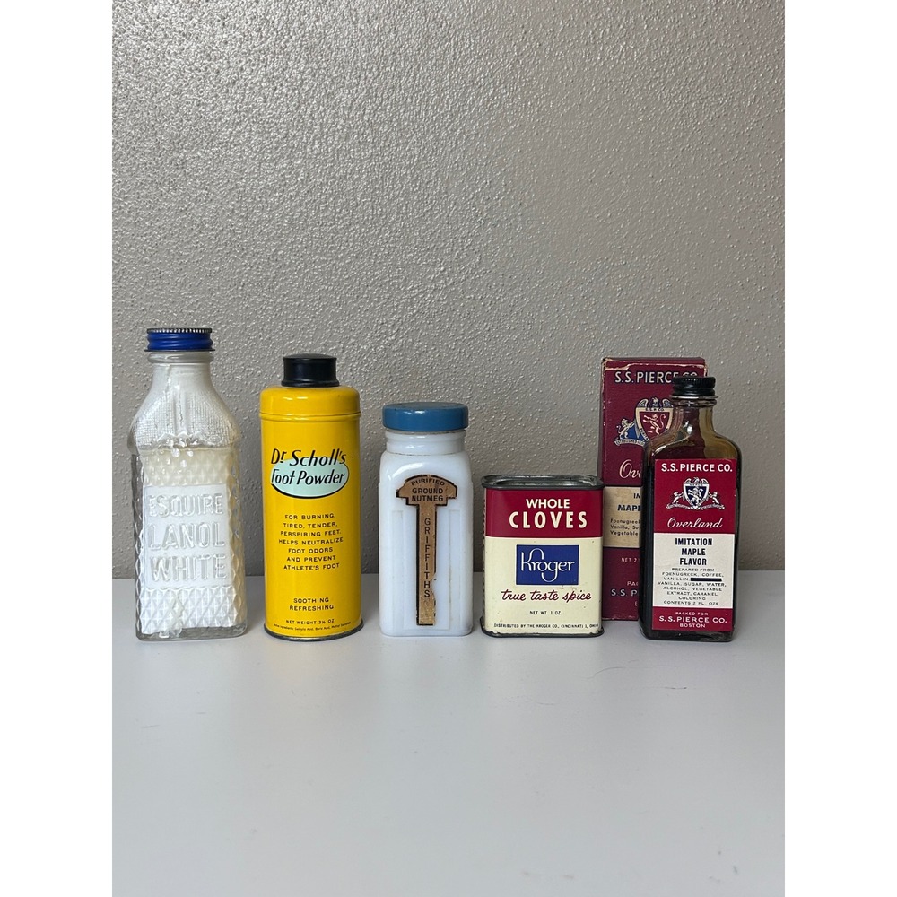 Vintage Apothecary & Kitchen Lot Dr Scholls Kroger SS Pierce Esquire 5pc Set
